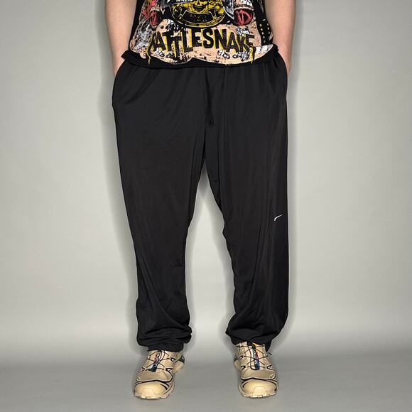 Vintage Nike Sweatpants Jet Black Polyester White Baggy Wide Leg Dri Fit Y2K - Picture 2 of 4